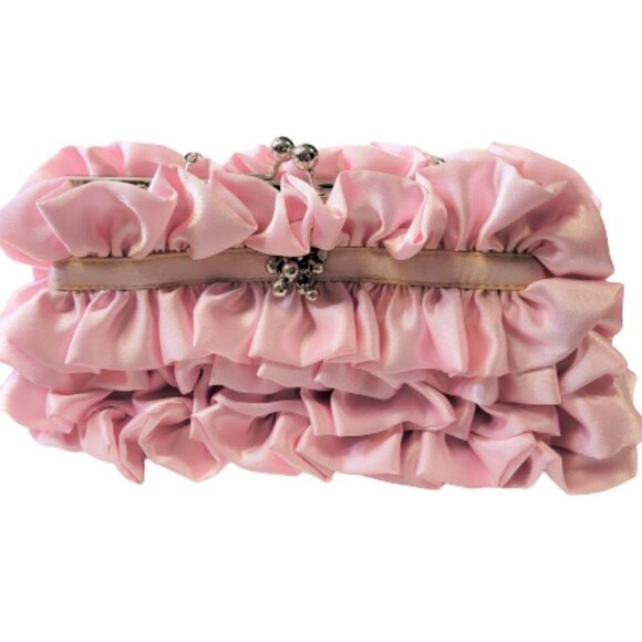 Pink Satin Ruffle Evening Clutch Purse - Picture 1 of 11